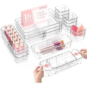 imageDILIBRA 16 Pcs Clear Extendable Drawer Organizer Adjustable Drawer Storage 3Size Desk Drawer Organizer Plastic NonSlip Storage Bins for Makeup Cosmetic Jewelries Utensils Stationery Dressers3Pcs Large  5Pcs Medium  8Pcs Small