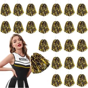 imageDILIBRA 24 Pcs Metallic Cheerleading Pom Poms for Kids Cheerleaders Cheer Pom Poms with Baton Handle Cheering Squad Hand Flower for Adults Team Spirit Sports Game Dancing PartyGold and Black