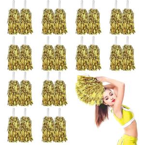 imageDILIBRA 24 Pcs Metallic Cheerleading Pom Poms for Kids Cheerleaders Cheer Pom Poms with Baton Handle Cheering Squad Hand Flower for Adults Team Spirit Sports Game Dancing PartyGold