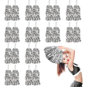 imageDILIBRA 24 Pcs Metallic Cheerleading Pom Poms for Kids Cheerleaders Cheer Pom Poms with Baton Handle Cheering Squad Hand Flower for Adults Team Spirit Sports Game Dancing PartySliver