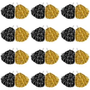 imageDILIBRA 24 Pcs Metallic Cheerleading Pom Poms for Kids Cheerleaders Cheer Pom Poms with Baton Handle Cheering Squad Hand Flower for Adults Team Spirit Sports Game Dancing PartyGoldBlack