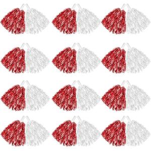 imageDILIBRA 24 Pcs Metallic Cheerleading Pom Poms for Kids Cheerleaders Cheer Pom Poms with Baton Handle Cheering Squad Hand Flower for Adults Team Spirit Sports Game Dancing PartyWhiteRed