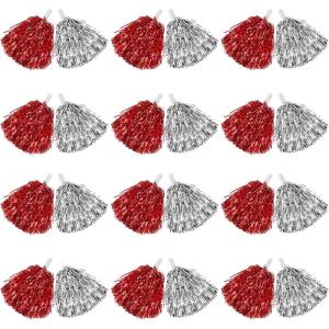 imageDILIBRA 24 Pcs Metallic Cheerleading Pom Poms for Kids Cheerleaders Cheer Pom Poms with Baton Handle Cheering Squad Hand Flower for Adults Team Spirit Sports Game Dancing PartySliverRed
