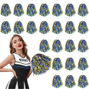 imageDILIBRA 24 Pcs Metallic Cheerleading Pom Poms for Kids Cheerleaders Cheer Pom Poms with Baton Handle Cheering Squad Hand Flower for Adults Team Spirit Sports Game Dancing PartyGold and Blue