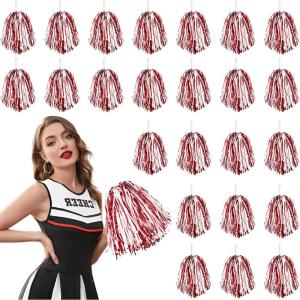 imageDILIBRA 24 Pcs Metallic Cheerleading Pom Poms for Kids Cheerleaders Cheer Pom Poms with Baton Handle Cheering Squad Hand Flower for Adults Team Spirit Sports Game Dancing PartyRed and White