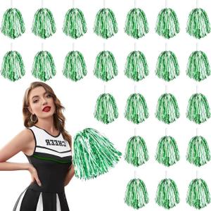 imageDILIBRA 24 Pcs Metallic Cheerleading Pom Poms for Kids Cheerleaders Cheer Pom Poms with Baton Handle Cheering Squad Hand Flower for Adults Team Spirit Sports Game Dancing PartyGreen and White