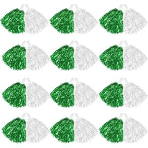 imageDILIBRA 24 Pcs Metallic Cheerleading Pom Poms for Kids Cheerleaders Cheer Pom Poms with Baton Handle Cheering Squad Hand Flower for Adults Team Spirit Sports Game Dancing PartyWhiteGreen