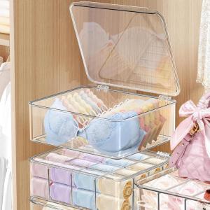 imageDILIBRA 2pcs Socks Bra Underwear Organizer for Closet 16 Compartment Removable Divided Plastic Sock Storage Box with Lid Clear Dresser Drawer Organizer Storage Container for Bra Socks Ties Scarf2 Packs Clear