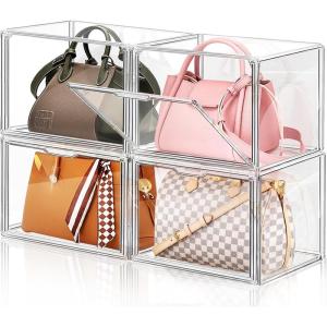 imageDILIBRA 4 Packs Clear Plastic Handbag Storage Organizer for Closet Acrylic Display Case for Purse and Handbag Stackable Storage Boxes Bag Organizer with Magnetic Door for Purse Clutch Wallet Hats4 Packs XXXLarge