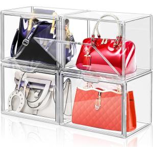 imageDILIBRA 4 Packs Clear Plastic Handbag Storage Organizer for Closet Small Acrylic Display Box for Handbag Stackable Storage Boxes Bag Organizer with Magnetic Door for Purse Clutch Wallet Book4 Packs XXLarge