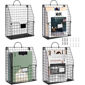 imageDILIBRA 4 Packs Hanging Wall File Organizer Foldable Wall Magazine File Holder with Handle and Tag Slot Metal Wall Mounted Mail Organizer Rack Folder Holder for Document Office Door Home Black