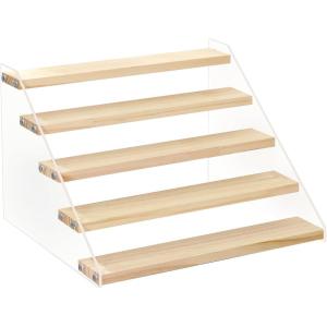 imageDILIBRA 5 Tier Wood Display Stand for Pop Figures Clear Acrylic Display Riser Shelf for Vendors Amiibo Funko Cupcakes Perfumes Candies Cosmetics Decoration and Organizer