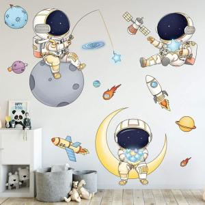 imageDILIBRA Astronaut Wall Stickers Planet Space Walk Spaceship DIY Art Vinyl Removable Murals Wall Decals Cute Cartoon Spaceman Cosmonaut Art Wallpaper for Kids Boys Bedroom Playing RoomB