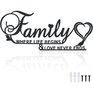 imageFamily Sign Black Metal Wall Decor DILIBRA Family Where Life Begins and Love Never Ends Word Wall Art Home Decor Iron Letters Quotes Wall Hanging Decoration for Living Room Dining Room