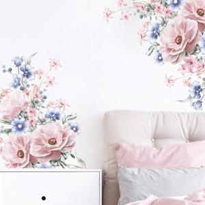 imageFloral Peonies Wall Stickers Pink Blue Peony Rose Bouquet Flowers Removable Peel and Stick Wall Decal DIY Art Vintage Blossom Flowers Wallpaper for Wedding Living Room Girls Room