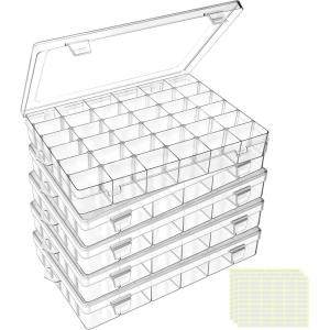 imageDILIBRA 5 Pack 36 Grids Large Plastic Organizer Box with Adjustable Dividers Clear Craft Organizers Bead Organizers with Label Stickers Compartment Container for Beads Crafts Jewelry Fishing Tackles5 Pack 180 Grids