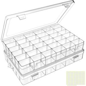 imageDILIBRA 5 Pack 36 Grids Large Plastic Organizer Box with Adjustable Dividers Clear Craft Organizers Bead Organizers with Label Stickers Compartment Container for Beads Crafts Jewelry Fishing Tackles2 Pack 72 Grids
